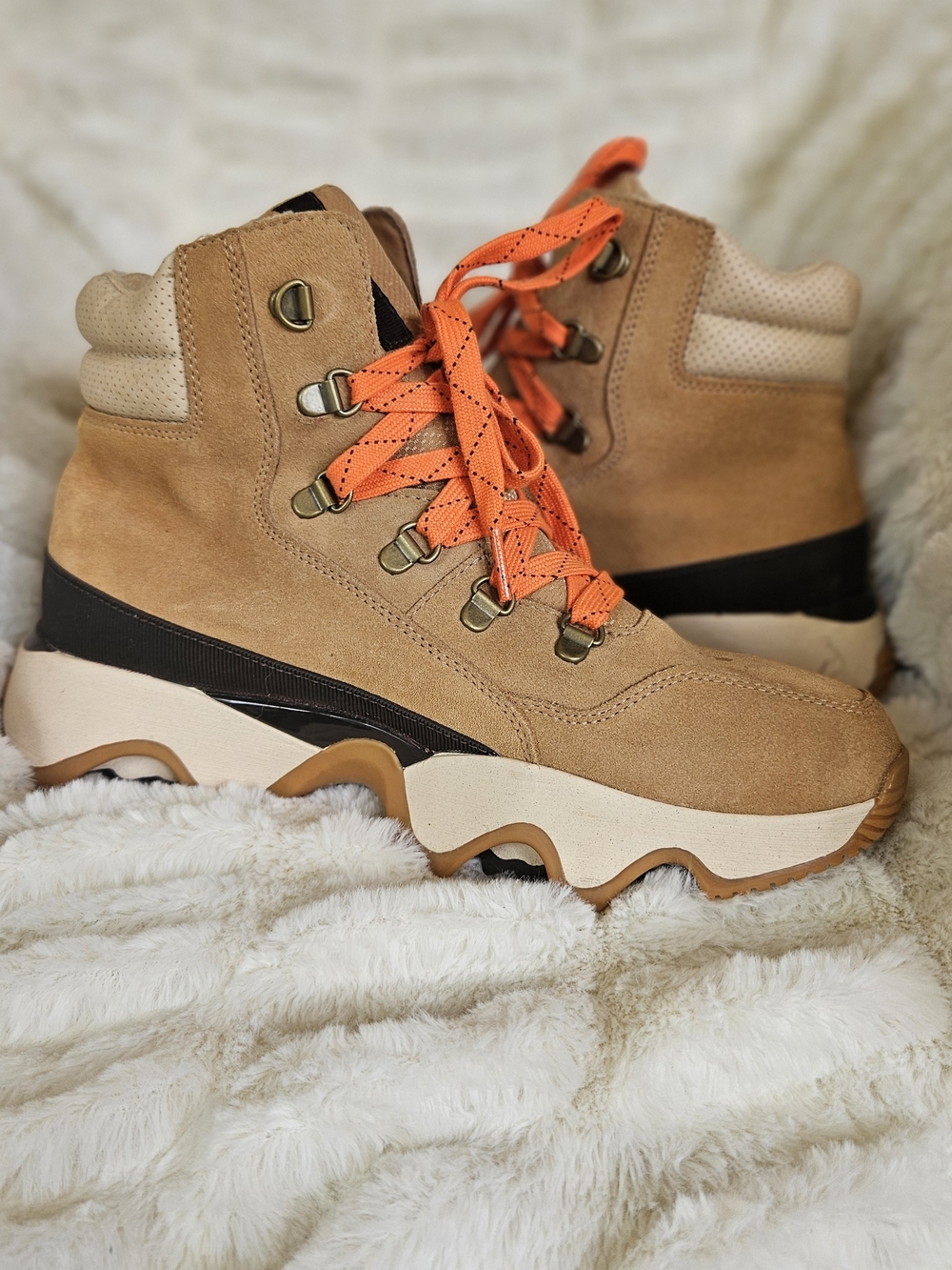 Sorel Tan Suede Winter Boot with Orange Laces